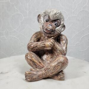 Vintage 1968 Monkey Sculpture 6" Brown Signed Beacox Ceramic Figurine Statue